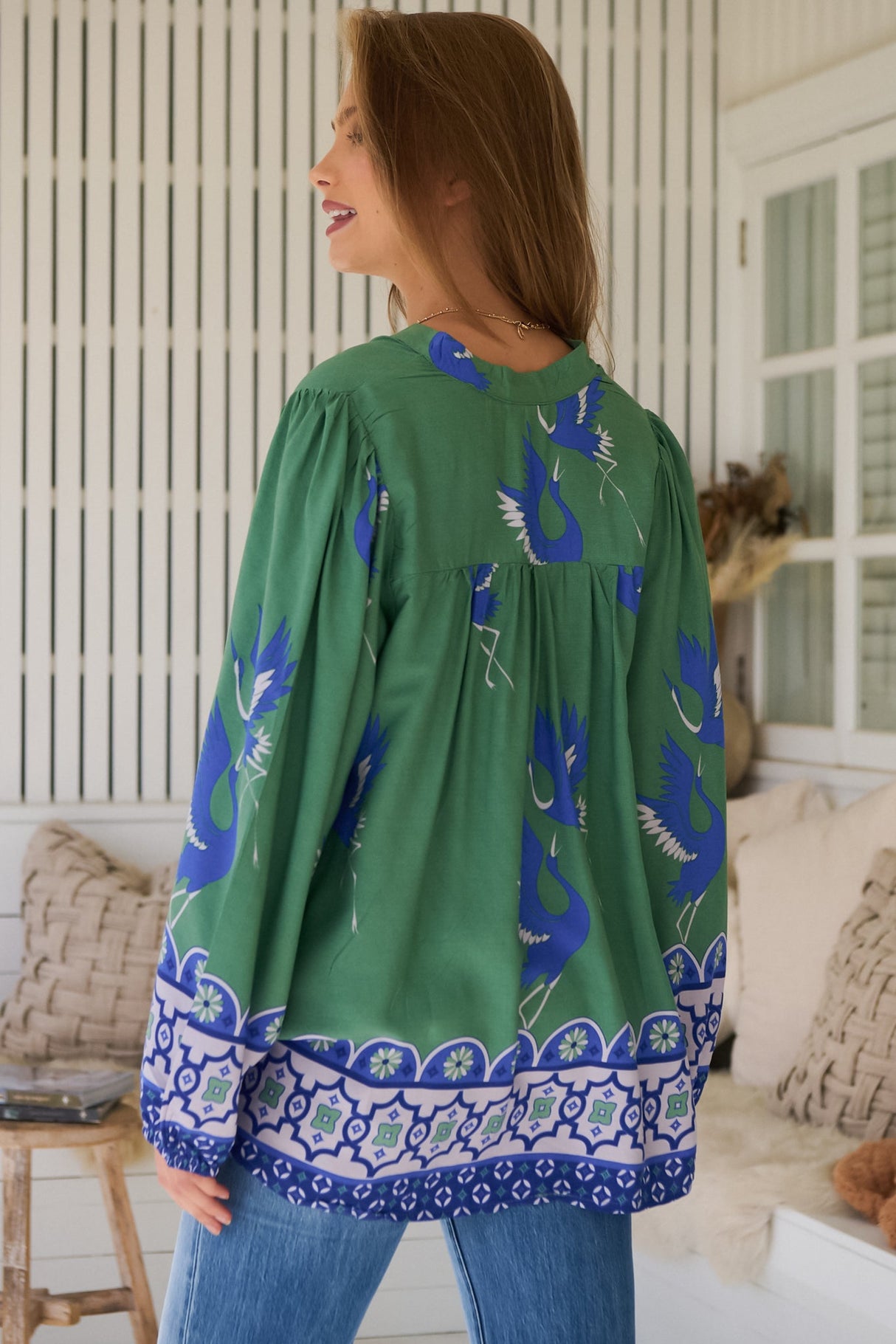JAASE - Bee Blouse: Lace Decal Button Down Long Sleeve Blouse in Bluebird Print