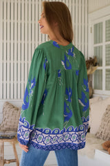 JAASE - Bee Blouse: Lace Decal Button Down Long Sleeve Blouse in Bluebird Print