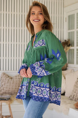 JAASE - Bee Blouse: Lace Decal Button Down Long Sleeve Blouse in Bluebird Print