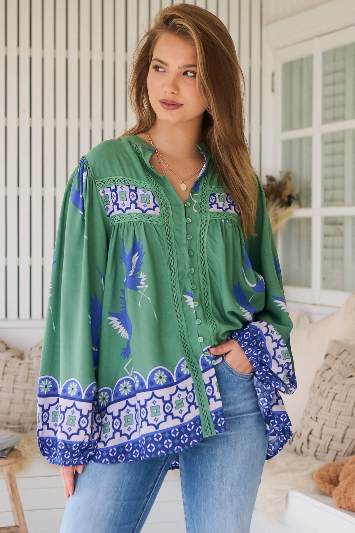JAASE - Bee Blouse: Lace Decal Button Down Long Sleeve Blouse in Bluebird Print