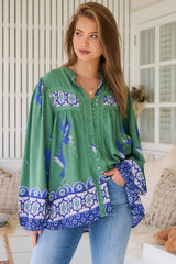 JAASE - Bee Blouse: Lace Decal Button Down Long Sleeve Blouse in Bluebird Print