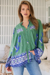 JAASE - Bee Blouse: Lace Decal Button Down Long Sleeve Blouse in Bluebird Print