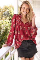 JAASE - Bee Blouse: Lace Decal Button Down Long Sleeve Blouse in Grenache Print