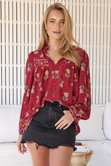 JAASE - Bee Blouse: Lace Decal Button Down Long Sleeve Blouse in Grenache Print