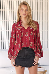 JAASE - Bee Blouse: Lace Decal Button Down Long Sleeve Blouse in Grenache Print