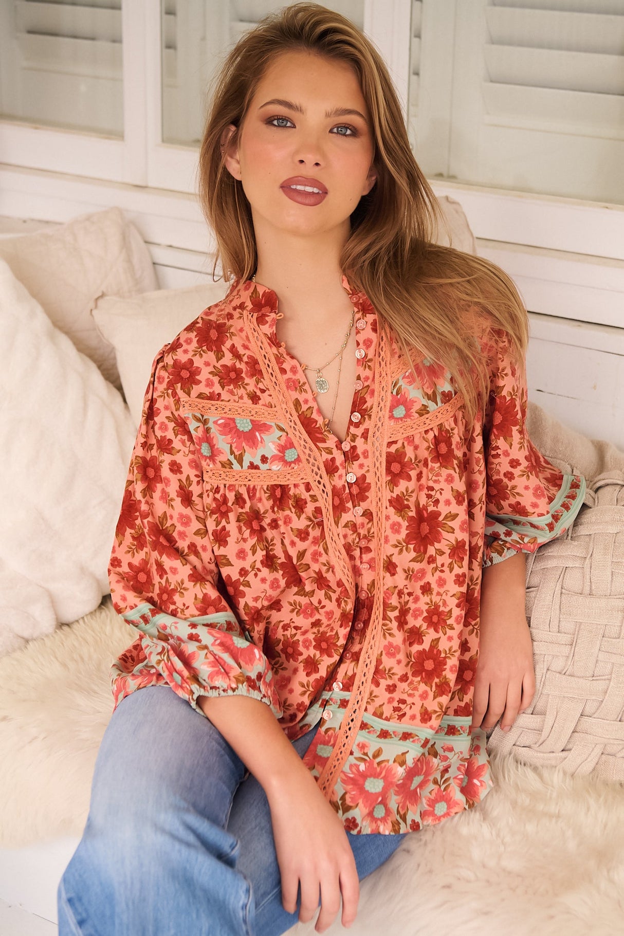 JAASE - Bee Blouse: Lace Decal Button Down 3/4 Sleeve Blouse in Lillianna Print