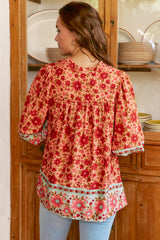 JAASE - Bee Blouse: Lace Decal Button Down 3/4 Sleeve Blouse in Lillianna Print