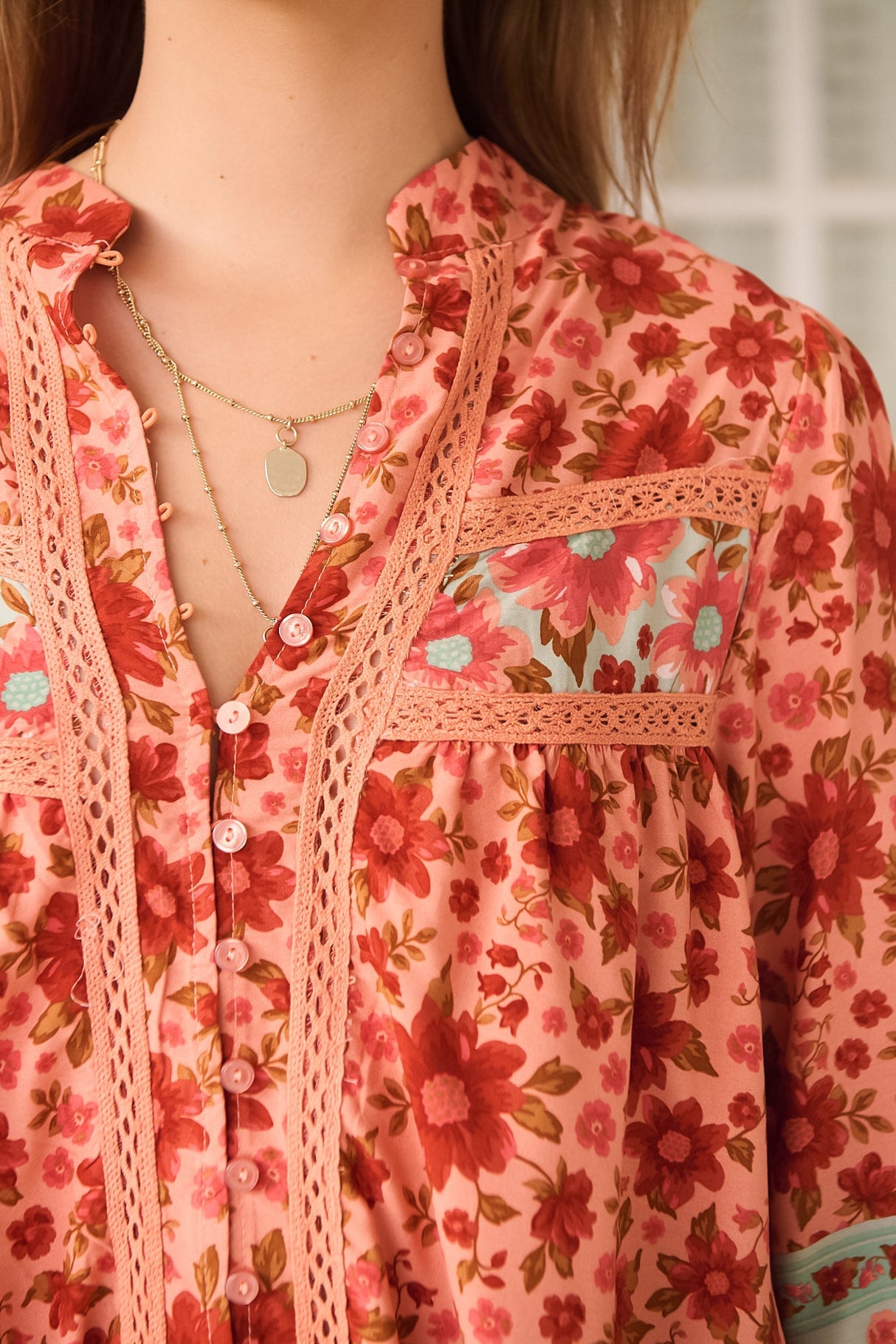 JAASE - Bee Blouse: Lace Decal Button Down 3/4 Sleeve Blouse in Lillianna Print