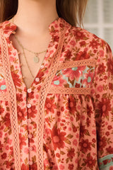 JAASE - Bee Blouse: Lace Decal Button Down 3/4 Sleeve Blouse in Lillianna Print