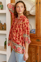 JAASE - Bee Blouse: Lace Decal Button Down 3/4 Sleeve Blouse in Lillianna Print