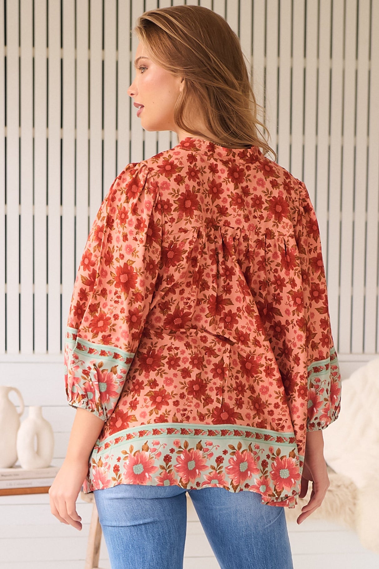 JAASE - Bee Blouse: Lace Decal Button Down 3/4 Sleeve Blouse in Lillianna Print