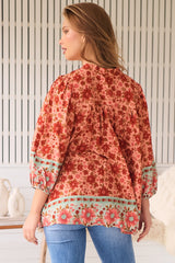 JAASE - Bee Blouse: Lace Decal Button Down 3/4 Sleeve Blouse in Lillianna Print