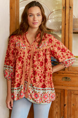 JAASE - Bee Blouse: Lace Decal Button Down 3/4 Sleeve Blouse in Lillianna Print