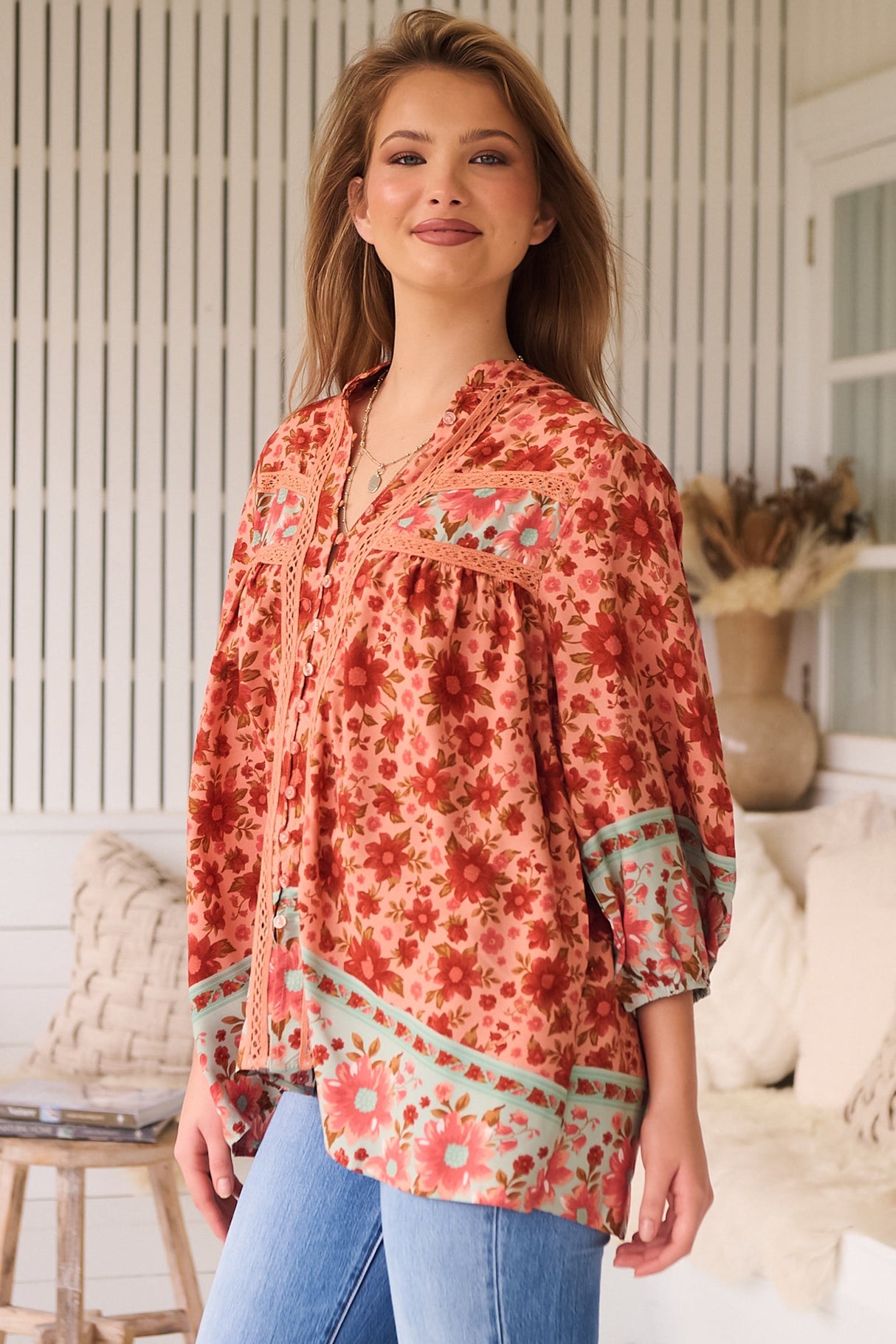 JAASE - Bee Blouse: Lace Decal Button Down 3/4 Sleeve Blouse in Lillianna Print