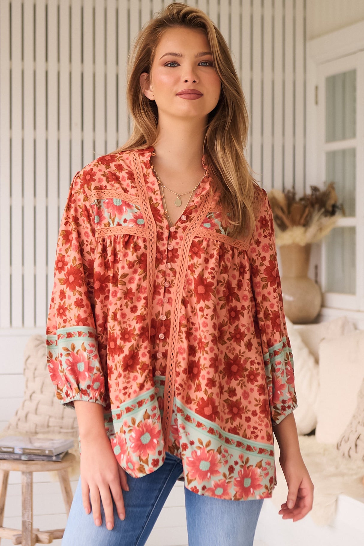 JAASE - Bee Blouse: Lace Decal Button Down 3/4 Sleeve Blouse in Lillianna Print