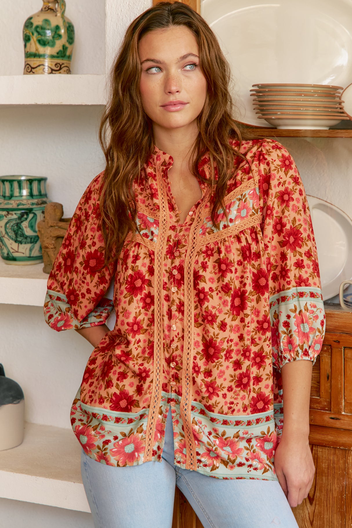 JAASE - Bee Blouse: Lace Decal Button Down 3/4 Sleeve Blouse in Lillianna Print