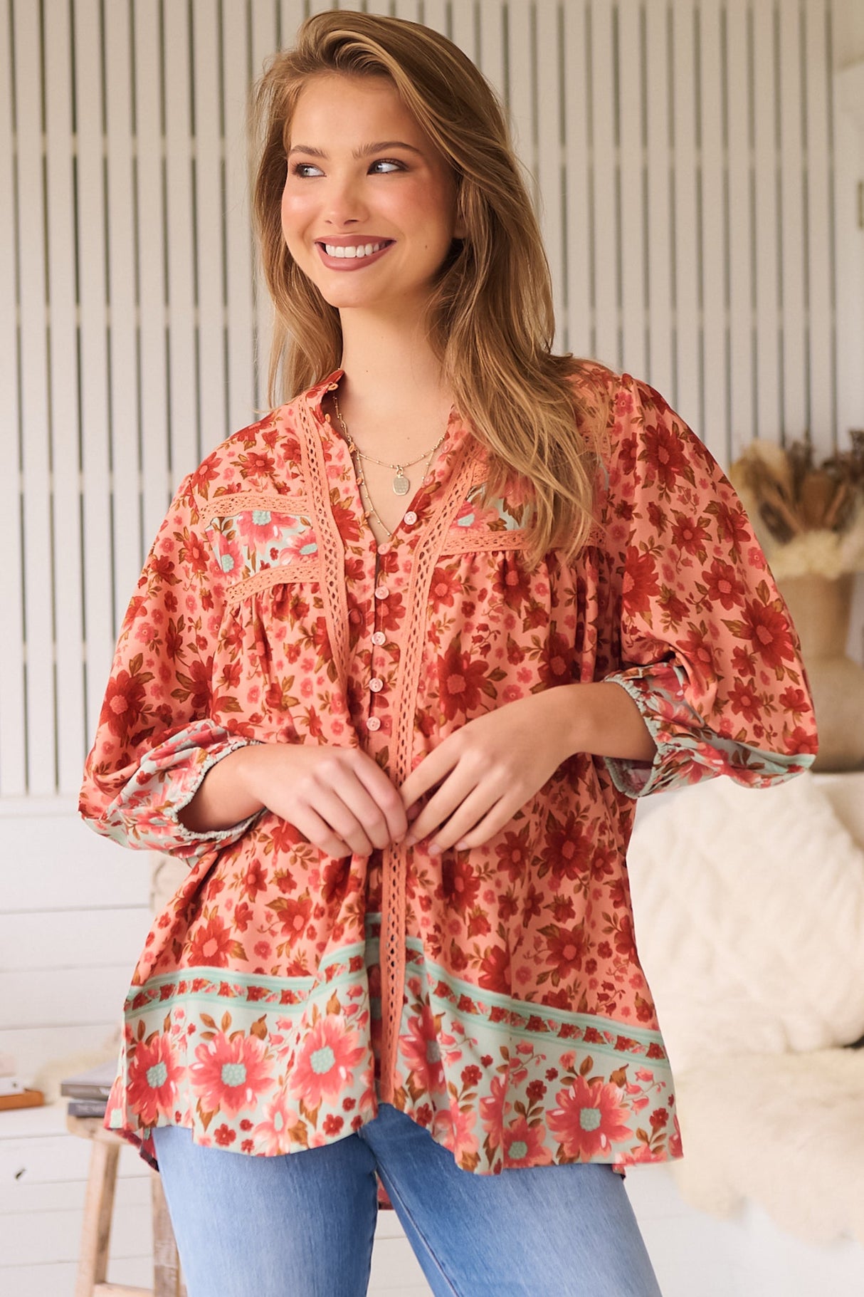 JAASE - Bee Blouse: Lace Decal Button Down 3/4 Sleeve Blouse in Lillianna Print