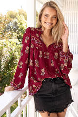 JAASE - Bee Blouse: Lace Decal Button Down Long Sleeve Blouse in Grenache Print