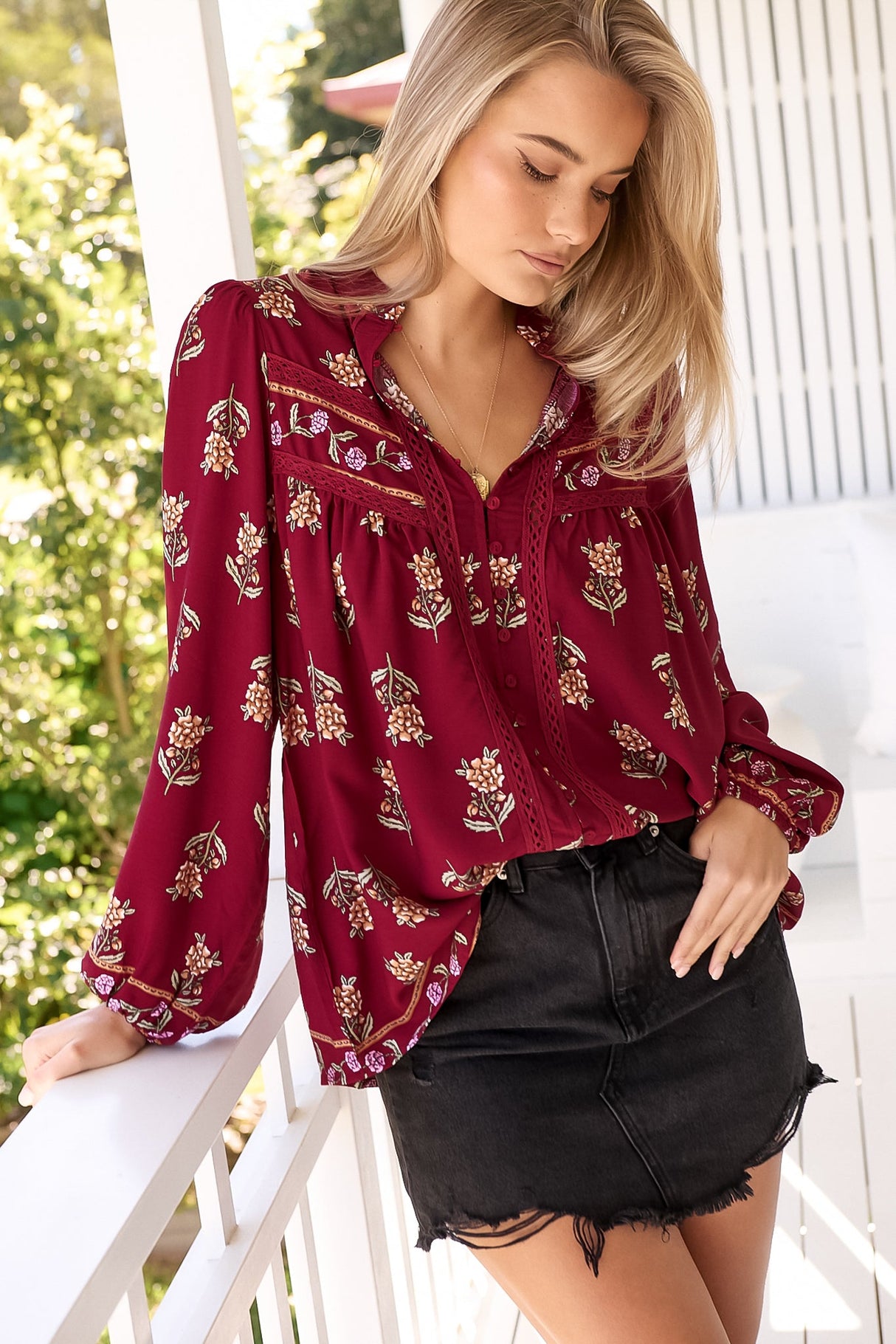 JAASE - Bee Blouse: Lace Decal Button Down Long Sleeve Blouse in Grenache Print
