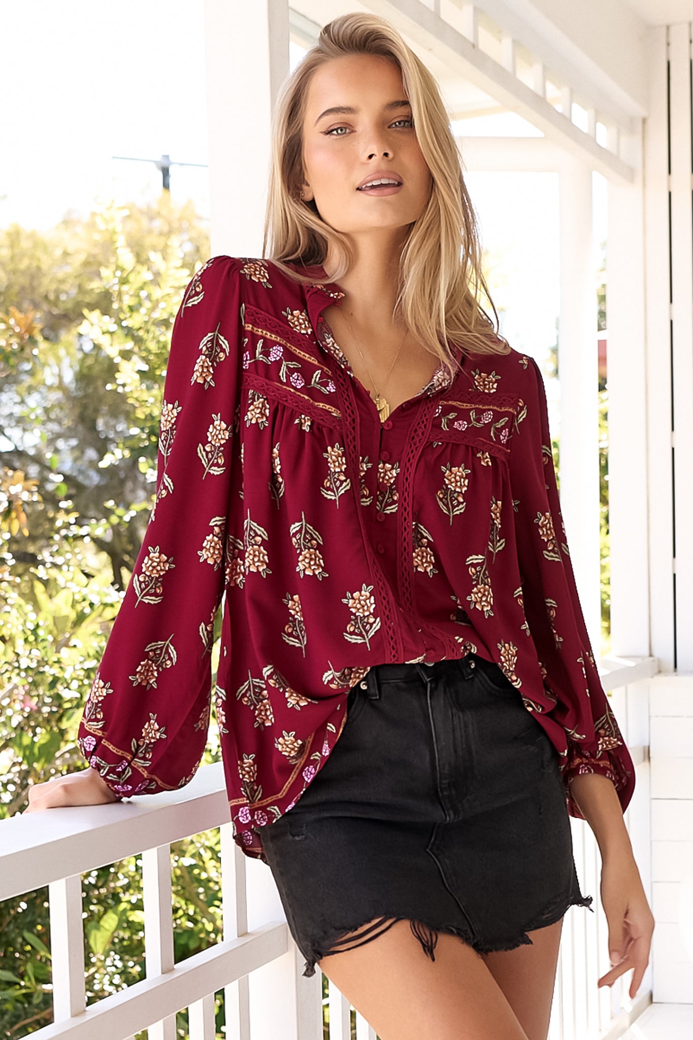 Bee Blouse Lace Decal Button Down Long Sleeve Blouse Grenache Print