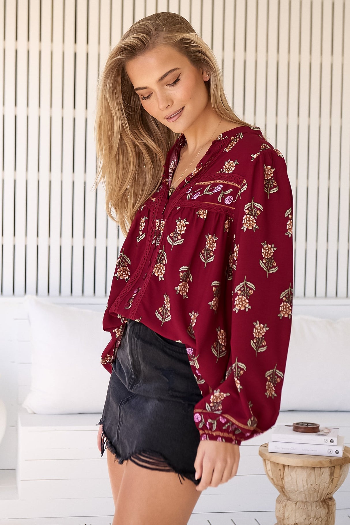 JAASE - Bee Blouse: Lace Decal Button Down Long Sleeve Blouse in Grenache Print