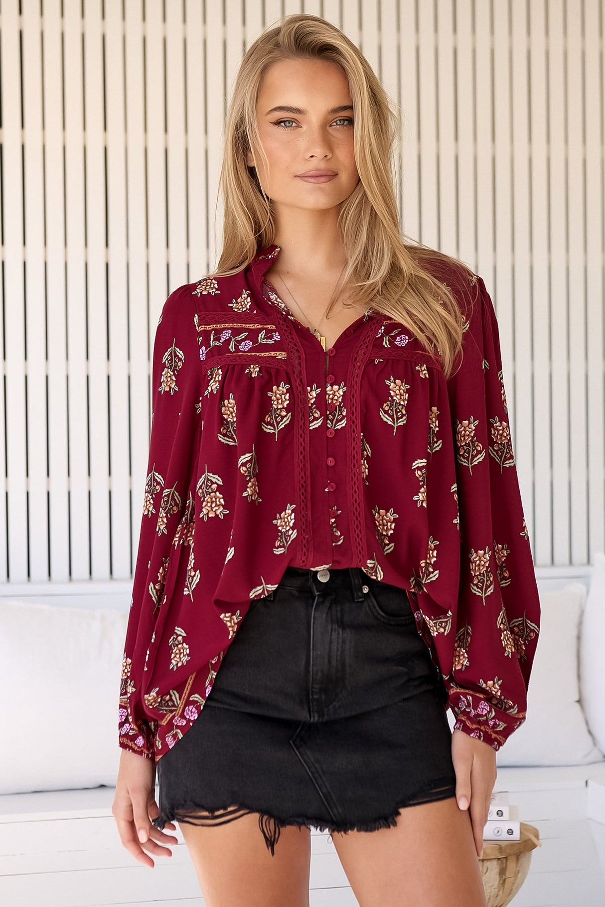 JAASE - Bee Blouse: Lace Decal Button Down Long Sleeve Blouse in Grenache Print