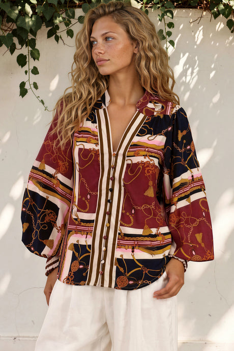 Beldon Blouse - High Mandarin Collar Button Down with Balloon Sleeves and Thick Shirred Cuffs in Celia Print