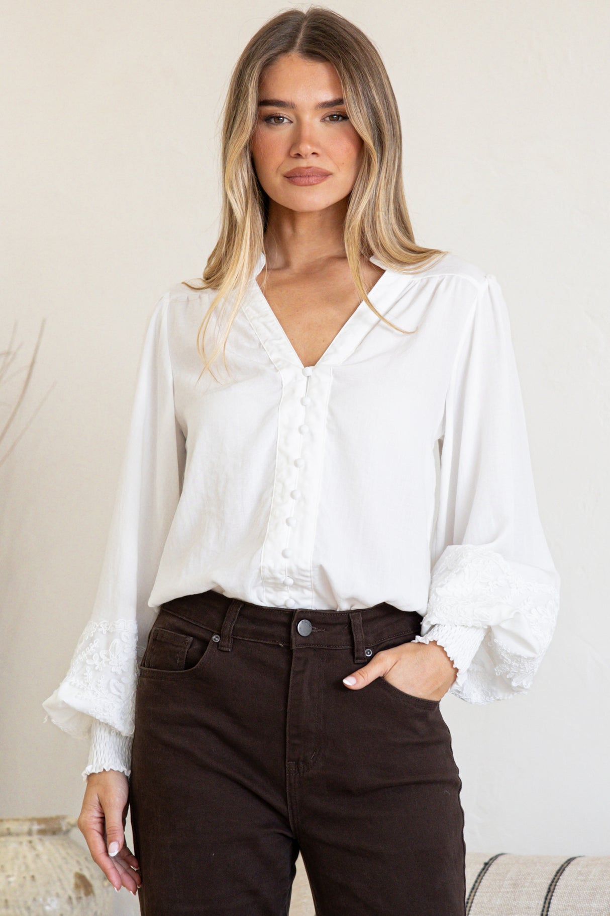 Beldon Blouse - High Mandarin Collar Button Down with Lace Motif Balloon Sleeves and Thick Shirred Cuffs in White
