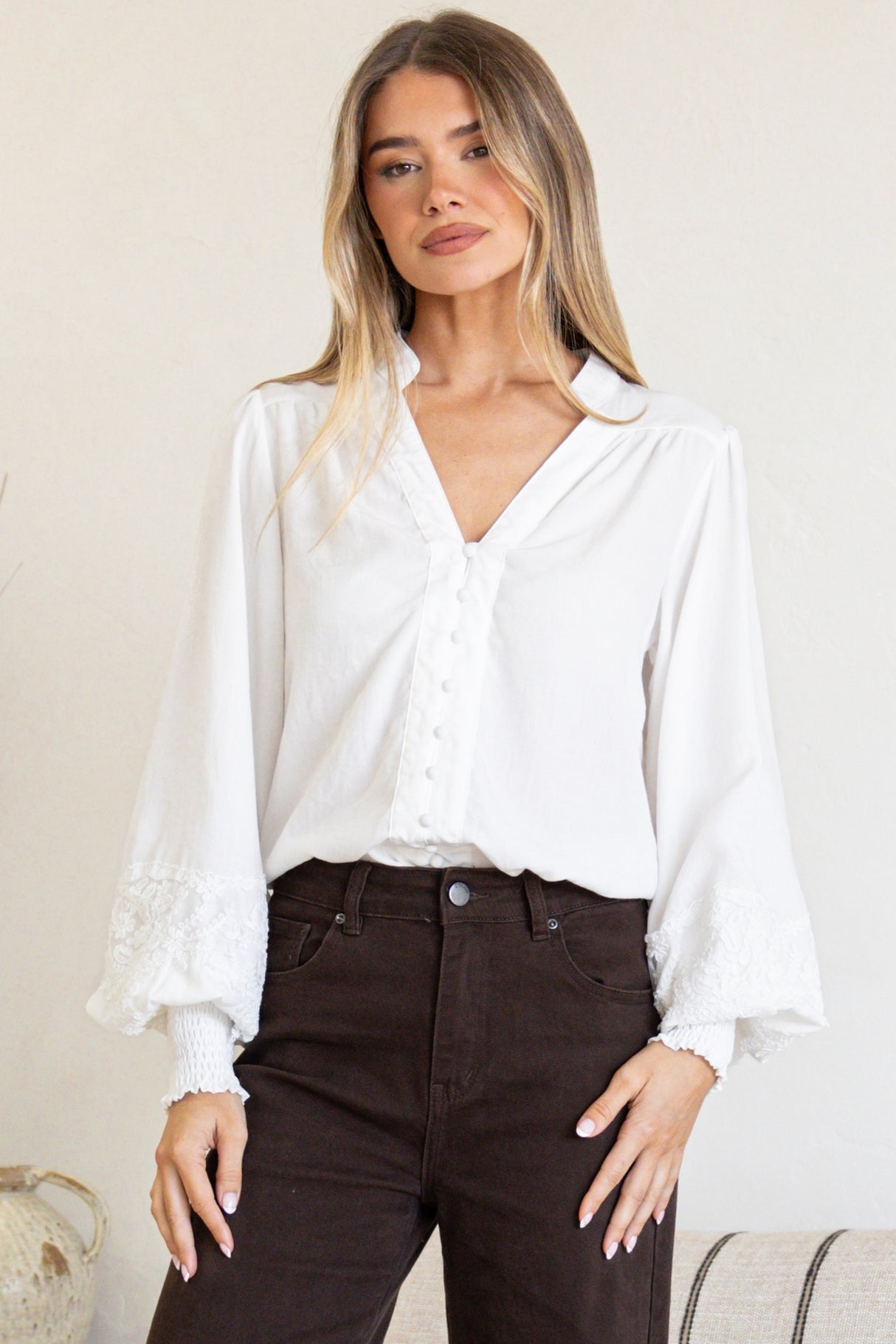 Beldon Blouse - High Mandarin Collar Button Down with Lace Motif Balloon Sleeves and Thick Shirred Cuffs in White