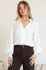 Beldon Blouse - High Mandarin Collar Button Down with Lace Motif Balloon Sleeves and Thick Shirred Cuffs in White
