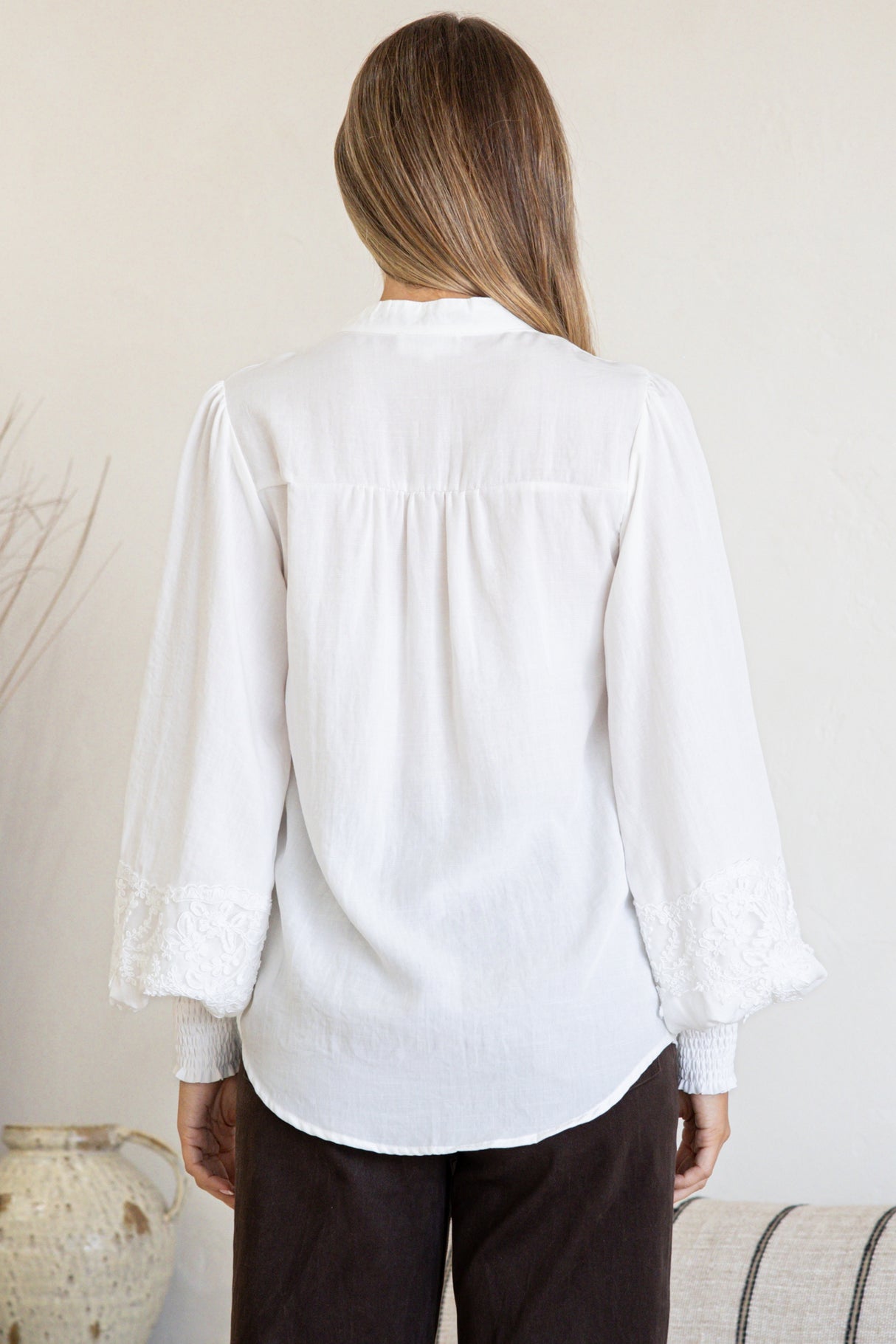 Beldon Blouse - High Mandarin Collar Button Down with Lace Motif Balloon Sleeves and Thick Shirred Cuffs in White