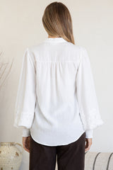 Beldon Blouse - High Mandarin Collar Button Down with Lace Motif Balloon Sleeves and Thick Shirred Cuffs in White