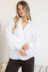 Beldon Blouse - High Mandarin Collar Button Down with Lace Motif Balloon Sleeves and Thick Shirred Cuffs in White