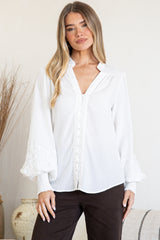 Beldon Blouse - High Mandarin Collar Button Down with Lace Motif Balloon Sleeves and Thick Shirred Cuffs in White