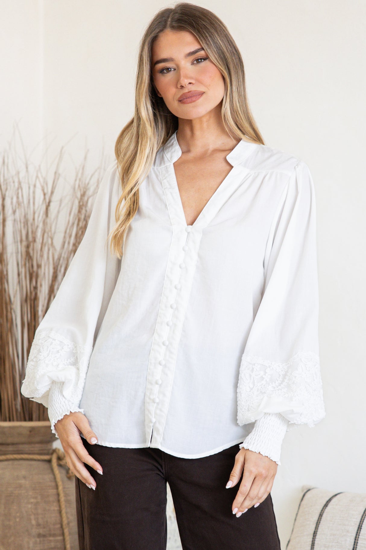 Beldon Blouse - High Mandarin Collar Button Down with Lace Motif Balloon Sleeves and Thick Shirred Cuffs in White