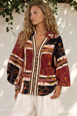 Model wearing Beldon Blouse in Celia Print from Salty Crush
