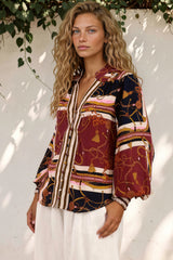 Model wearing Beldon Blouse in Celia Print from Salty Crush