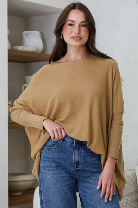 Belinda Knit Top - Boat Neckline Boxy Batwing Top in Caramel