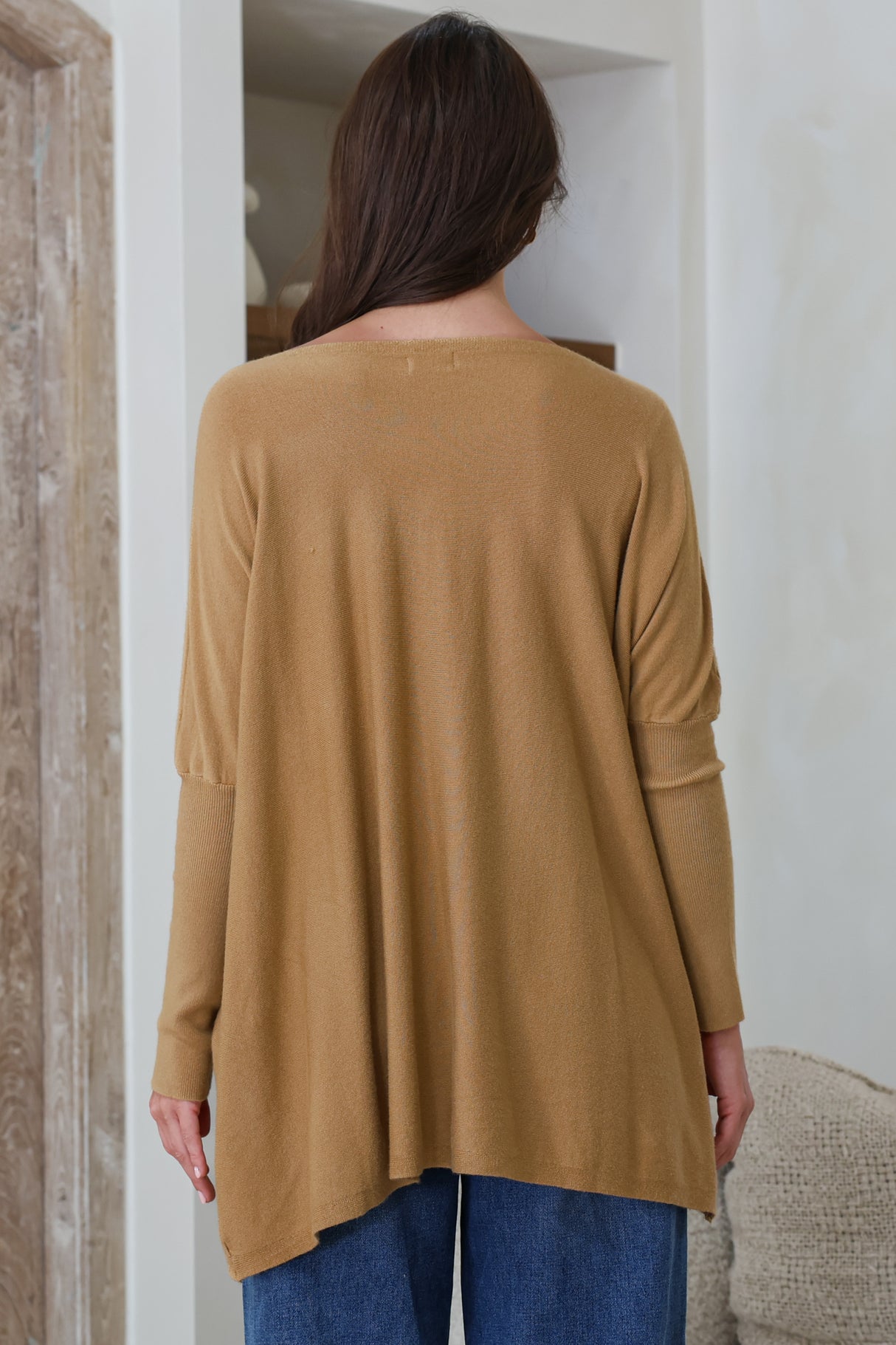 Belinda Knit Top - Boat Neckline Boxy Batwing Top in Caramel