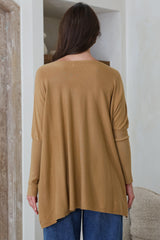 Belinda Knit Top - Boat Neckline Boxy Batwing Top in Caramel