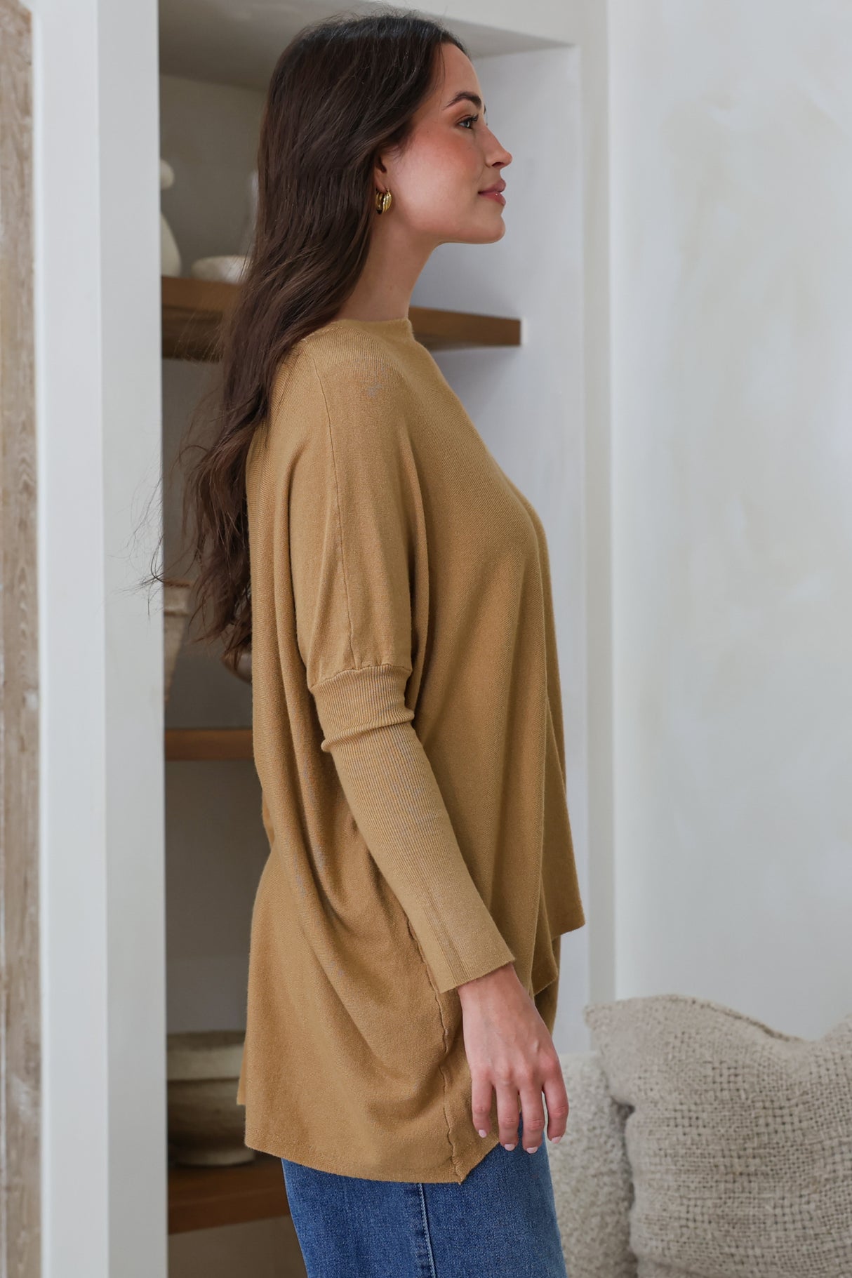Belinda Knit Top - Boat Neckline Boxy Batwing Top in Caramel