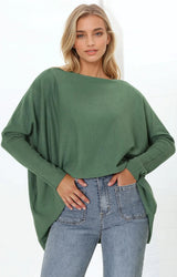 Belinda Knit Top - Boat Neckline Boxy Batwing Top in Teal