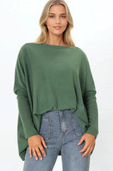 Belinda Knit Top - Boat Neckline Boxy Batwing Top in Teal