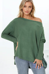 Belinda Knit Top - Boat Neckline Boxy Batwing Top in Teal