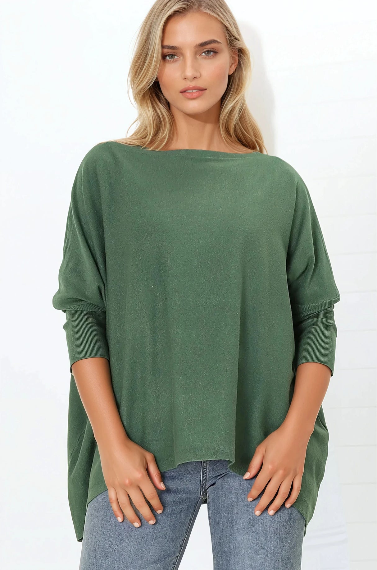 Belinda Knit Top - Boat Neckline Boxy Batwing Top in Teal