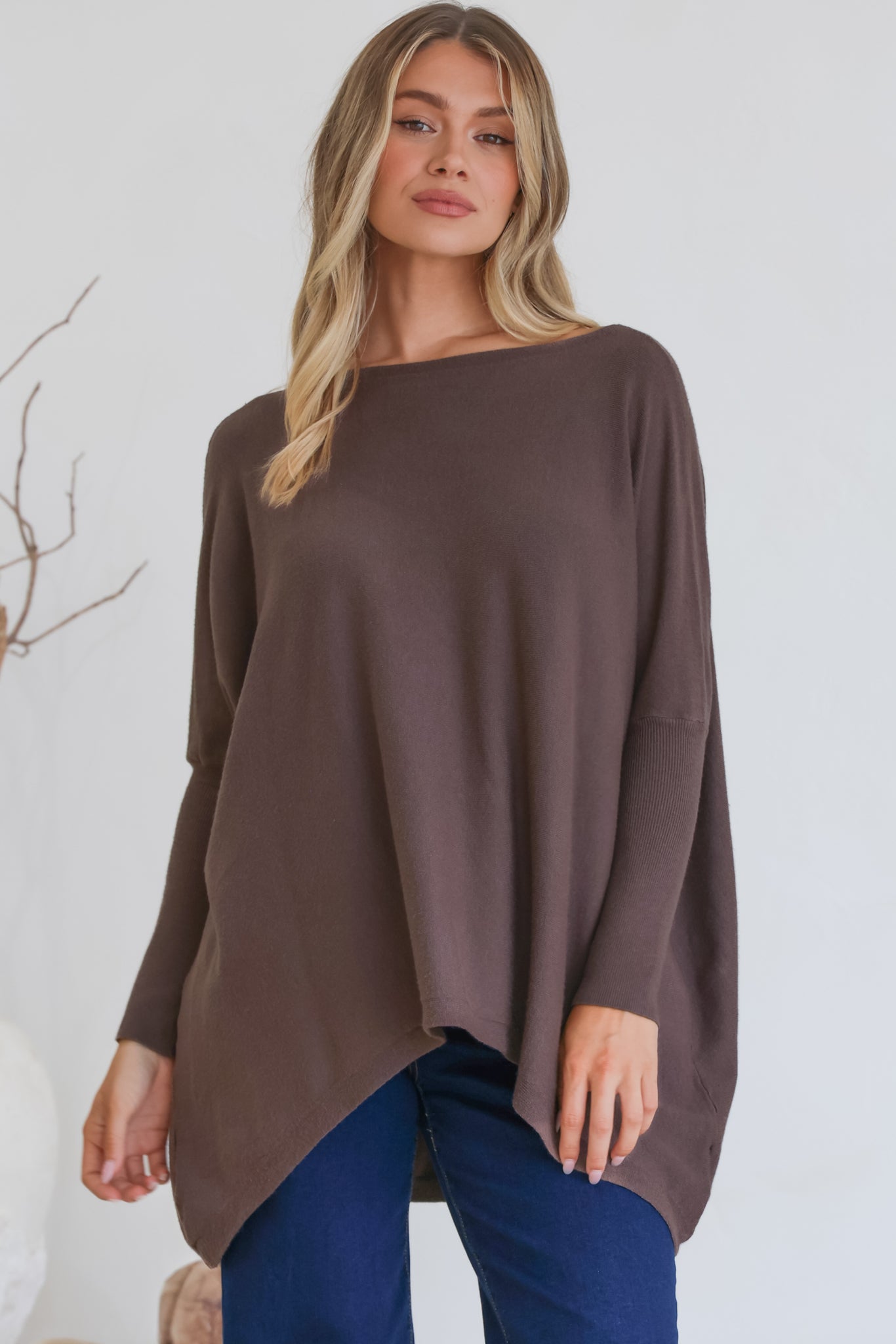 Belinda Knit Top Boat Neckline Boxy Batwing Top Chocolate