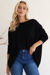 Belinda Knit Top - Boat Neckline Boxy Batwing Top in Black