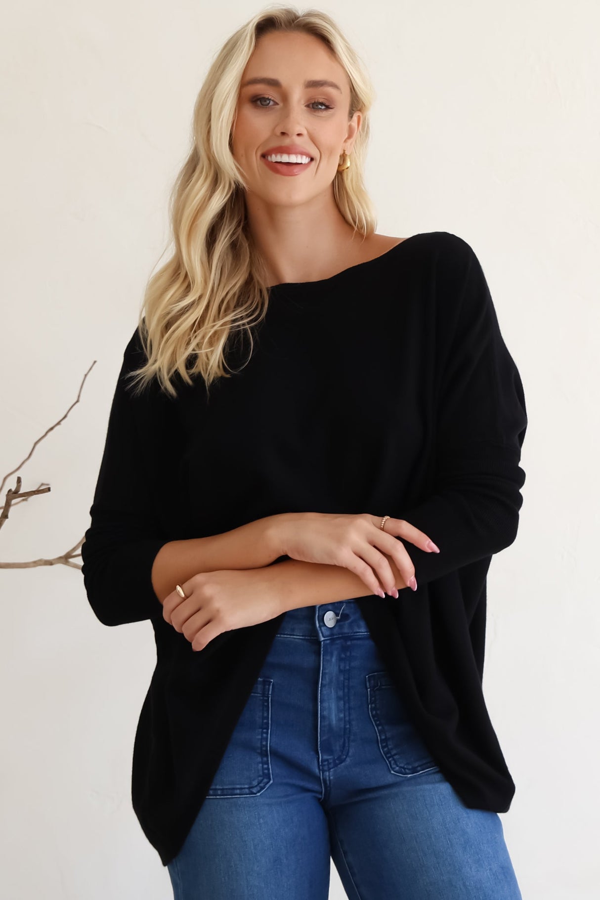 Belinda Knit Top - Boat Neckline Boxy Batwing Top in Black