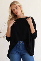 Belinda Knit Top - Boat Neckline Boxy Batwing Top in Black