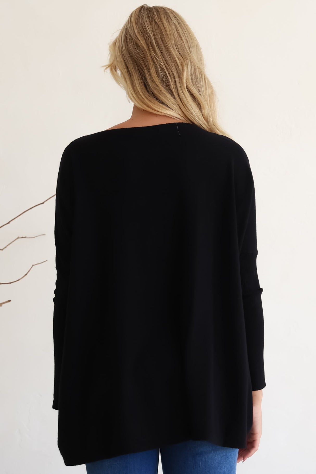 Belinda Knit Top - Boat Neckline Boxy Batwing Top in Black